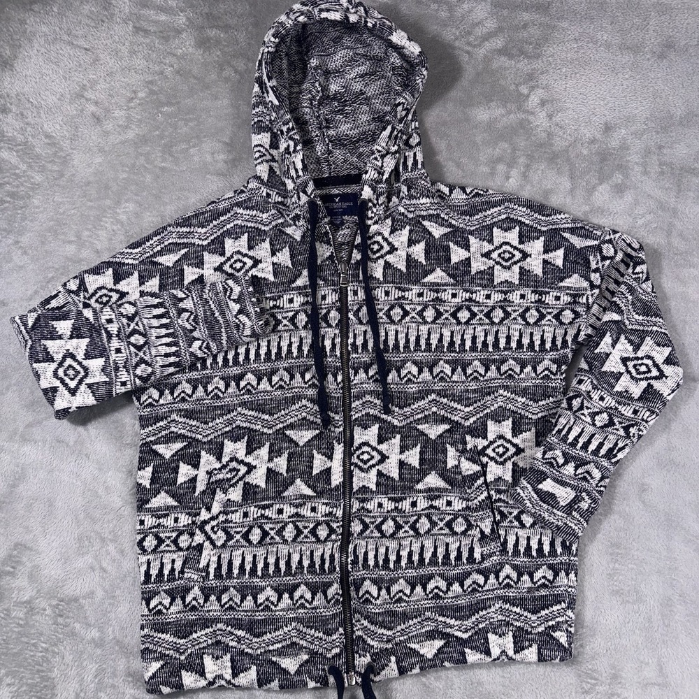 American Eagle Hoodie Sweater Mens Small Black White Aztec Full Zip Drawstring